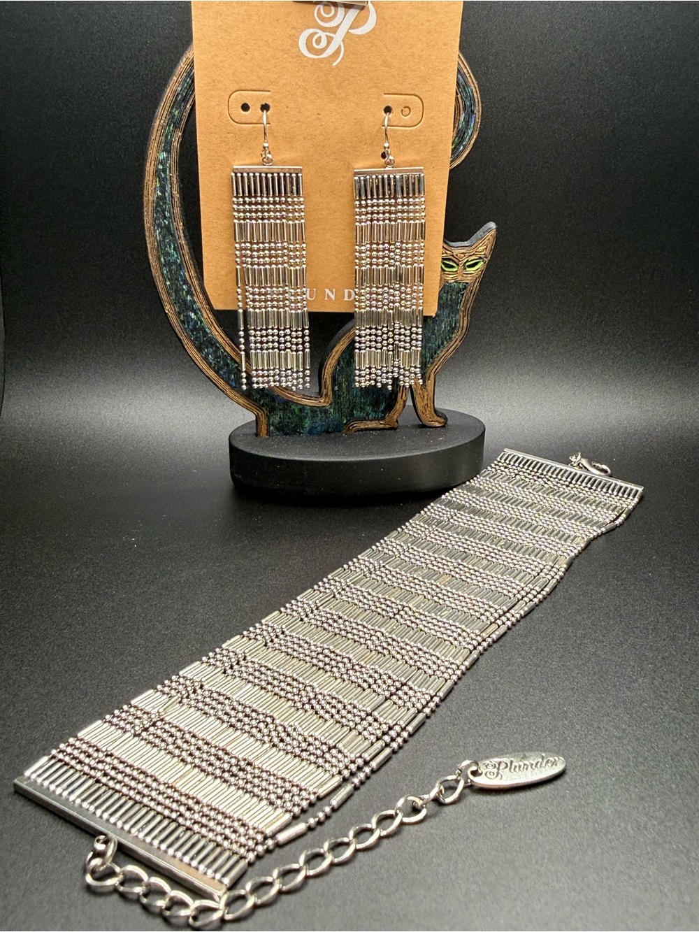 Plunder Silver Beaded Fringe Earrings & Bracelet Set.